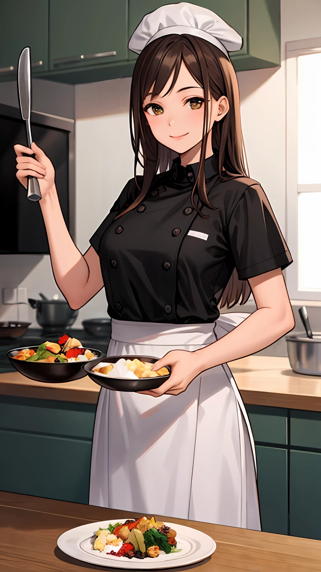 (Meisterwerk, beste Qualität, detaillierter Hintergrund, komplizierte Details), schicke Küche, 1 Mädchen, chef, Kochen, braune Haare, chef hat, chef uniform, lächelnd