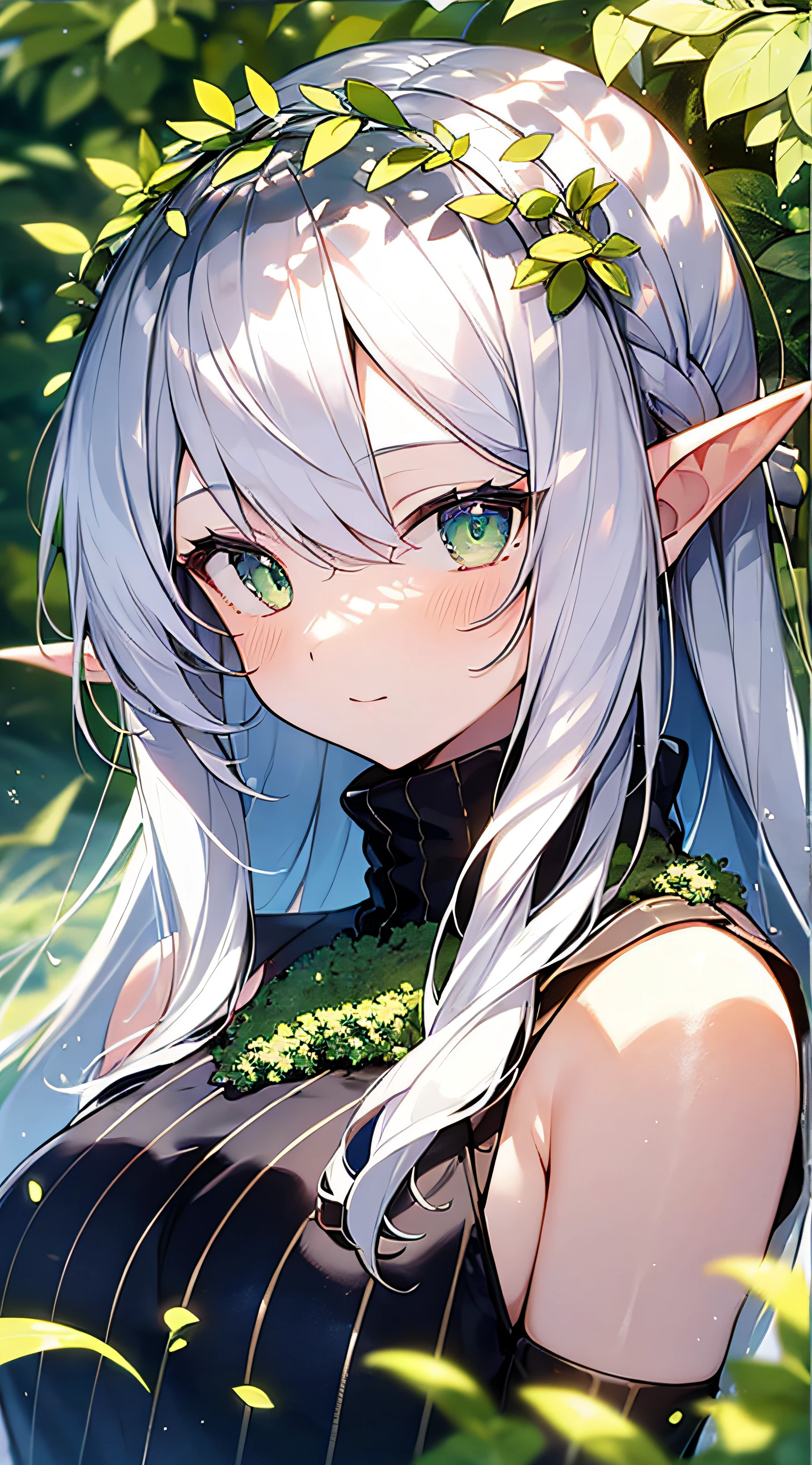 master masterpiece，, Superb Painting, illustration, 1 girl, cute, (Dynamic Light: 1.2), cinematic light, Delicate Facial Features, (pretty eyes: 1.2), (Bright Green Eyes: 1.233), Waterfall Braid, extra long white hair, elf ears, depth offield、, background bokeh, Crisp focus, (super detailed, aura，, glow: 1.4), Long White Hair, beautiful girly face, fair, medium, (bare shoulders: 1.1), 1.1), dress, trimmed white, delicate gorgeous, (slit sleeves, wide sleeves), leafy green hairpin