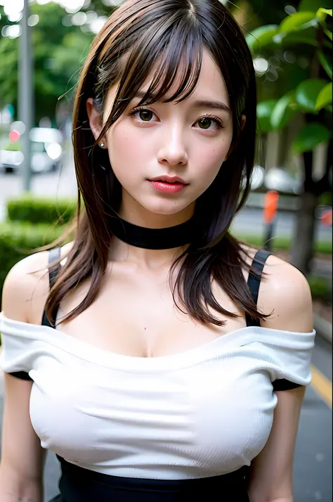 best quality, ultra high res, (photorealistic:1.4), 1girl, off-shoulder white shirt, black tight skirt, black choker, (faded ash gray hair:1), (huge breasts:1.2), looking at viewer, closeup ,