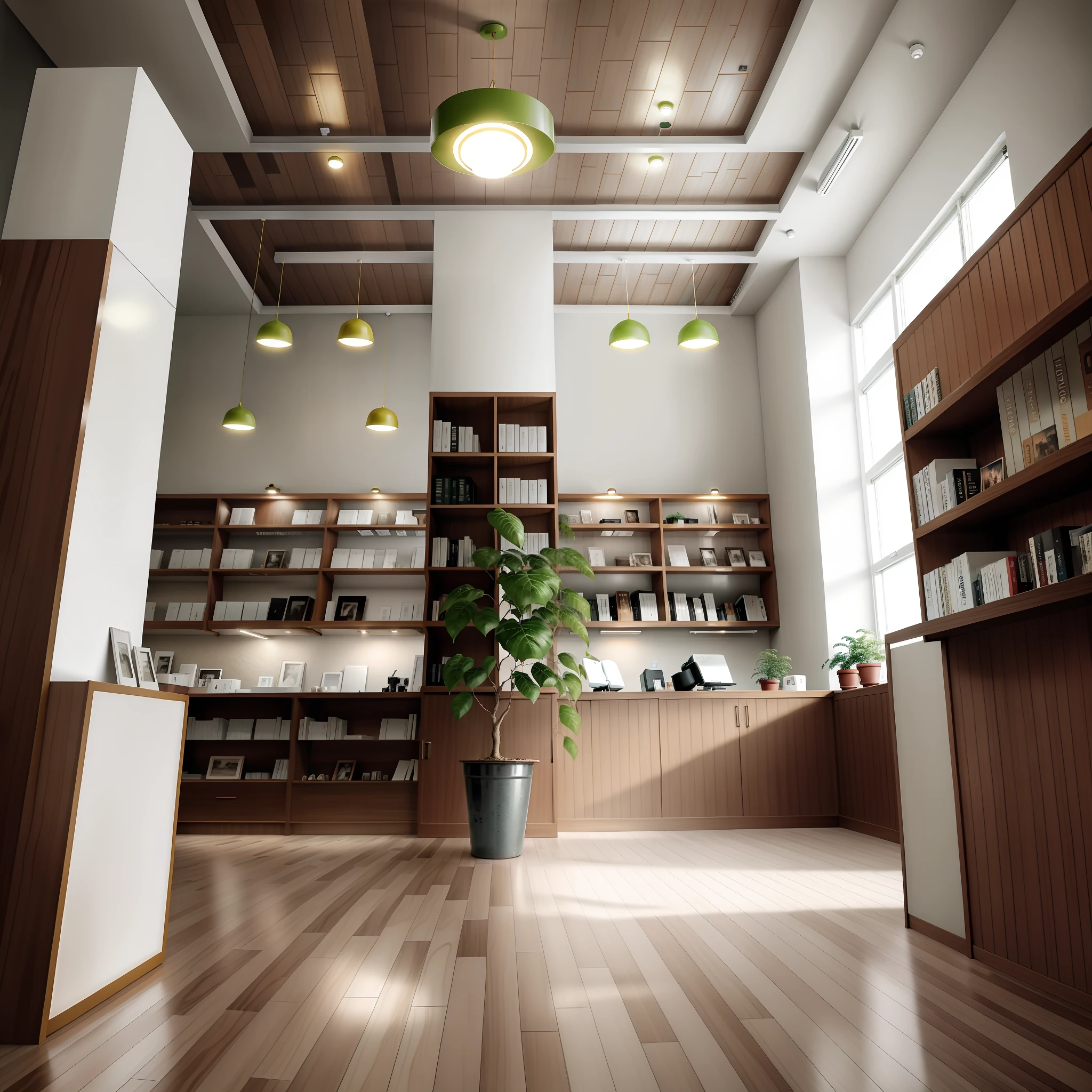 ohwx, library, realistic, bright, wide angle view, spot light, high light, wooden floor, white ceiling, trees, green, plants, the interior of a bookstore with shelves and lights, in the style of white and green, post-minimalist structures, craftcore, large-scale muralist, lively tableaus, subtle, earthy tones, mingei, raw, 4k, 8k, fuji film, super detail