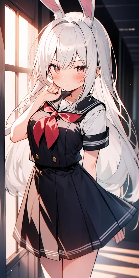 Anime girl with white hair and bunny ears, ruby eyes, shy blush, school uniform, high contrast, soft light