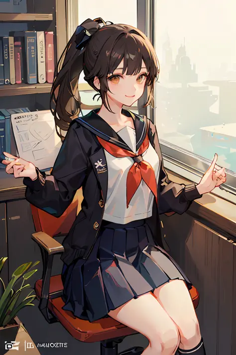 (）Best Picture Quality, most details，The most lifelike),(hdt，Personalized makeup， Pleated skirt，Blunt bangs cover the forehead,The single braid hangs down the chest，Medium milk，Brown eyes，black，/Brown hair high ponytail),(The best light and shadow, Sorriso...