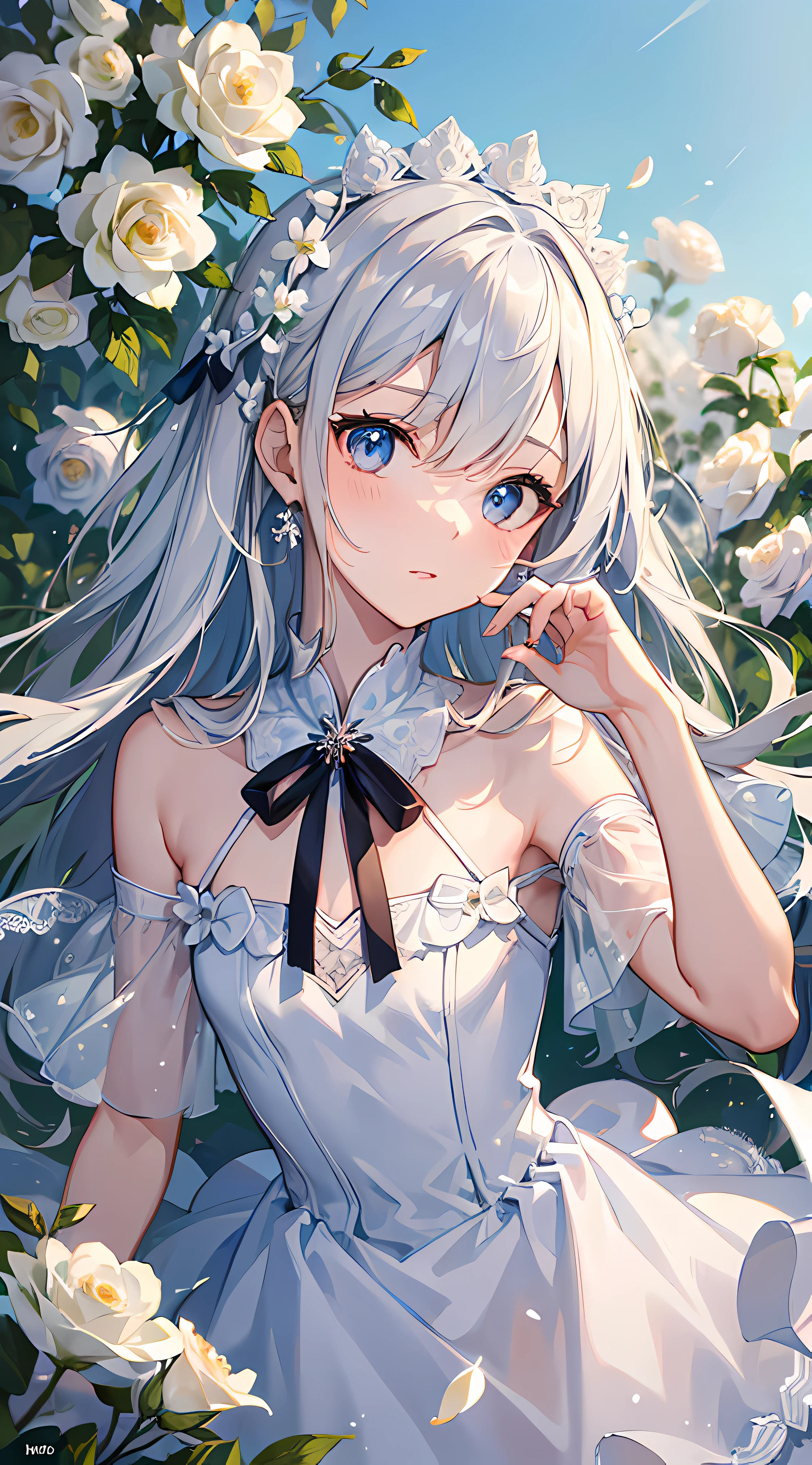 (masterpiece, best quality:1.6), white lace dress, cowboy shot, thighs, beautiful girl, (flowers, many small white petals:1.3), garden, blue sky, looking at viewer, small waist, official art, raw photo, incredibly absurdres, facelight, dynamic lighting, cinematic lighting, ultra realistic, highres, photography, sharp focus, highest detailed, extreme detailed, ultra detailed, finely detail, extremely detailed eyes and face