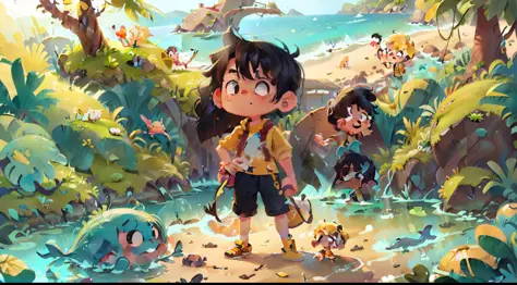 A boy with black hair，A yellow-haired boy，chibi proportions，Stylish shoes，FULL BODY，Swim by the sea，Sea in the background，dolphin，swim ring，mixer，candy color，fashion trend，super-detail