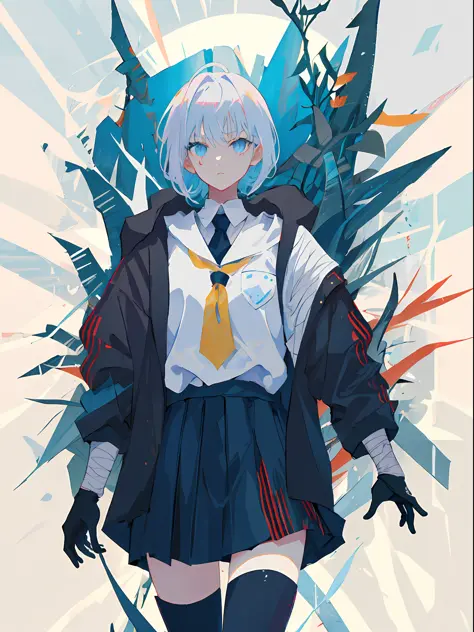 master masterpiece，high quallity，1girl，a female investigator wears a student uniform，anime girl with white hair and black gloves...