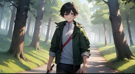 A boy in a jacket，With a smile，Hand-held knife，Walk towards the forest