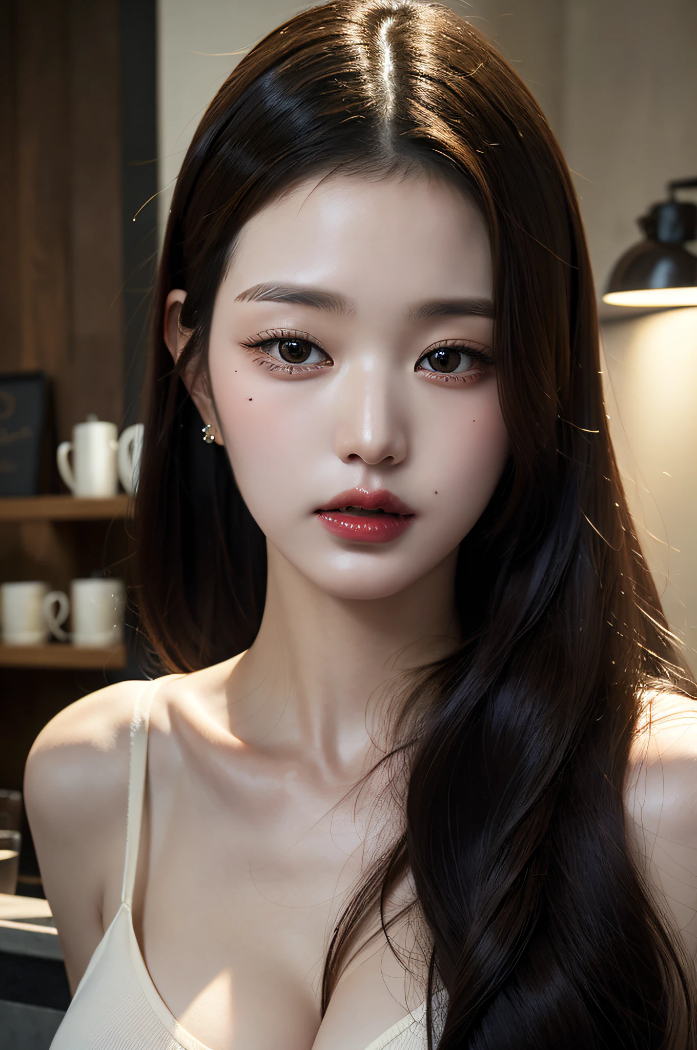 best best quality， master masterpiece， Super high resolution， （PhotoRealistic：1.4）， RAW photo of， 1 Girl， an earring， jewellery， 1 Girl， BLACK HAIR， looking at the viewers， coffee shop，photorealestic，gigantic ，Undergarment