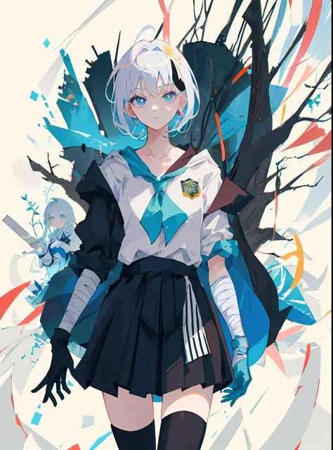 master masterpiece，high quallity，1girl，a female investigator wears a student uniform，anime girl with white hair and black gloves...