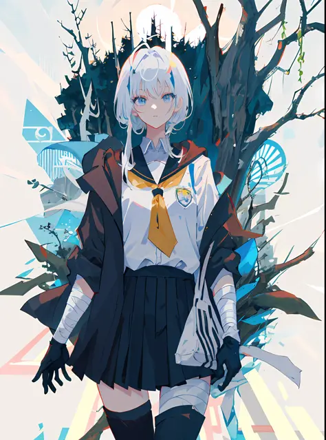 master masterpiece，high quallity，1girl，a female investigator wears a student uniform，anime girl with white hair and black gloves...