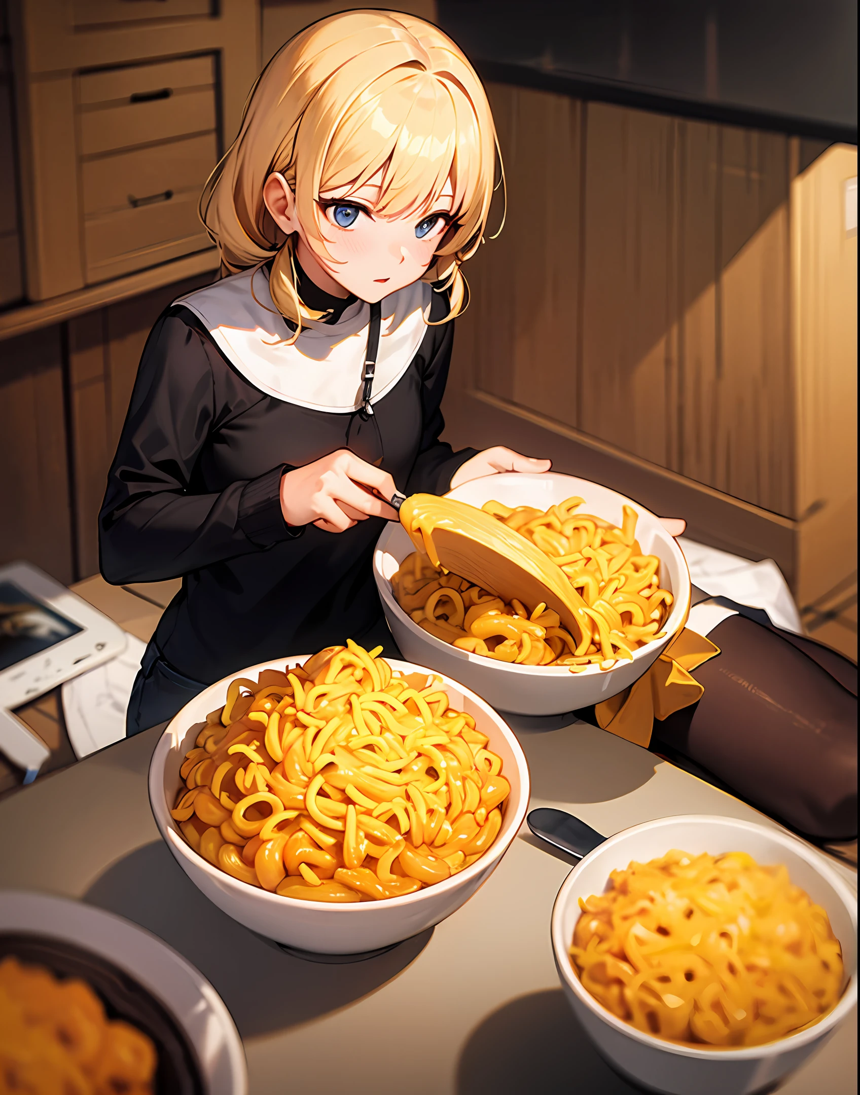 Garota de anime em um vestido preto comendo macarrão e um sanduíche -  SeaArt AI