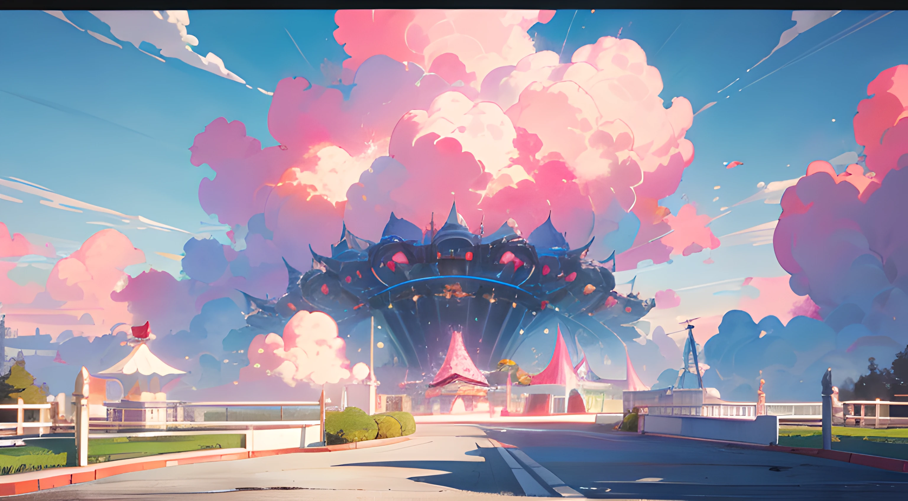 A game scene screen，The main color of pink，（Amusement Park），（fluffy pink anime clouds：0.8）,fantastical atmosphere ，Perfect quality，Crisp focus，colorfulness，Detailed details background art, A colorful world，super high definition，A masterpiece，Wide Shot --v 6