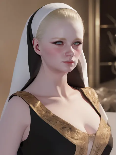 pretty blonde woman nun veil, read holy book, long blonde hair ,8k ,realistic , (photorealistic, high resolution:1.4) , (8k, RAW photo, best quality, masterpiece:1.2), (realistic, photo-realistic:1.37) ,black gold dress , (simple background:1.4), solo, upp...