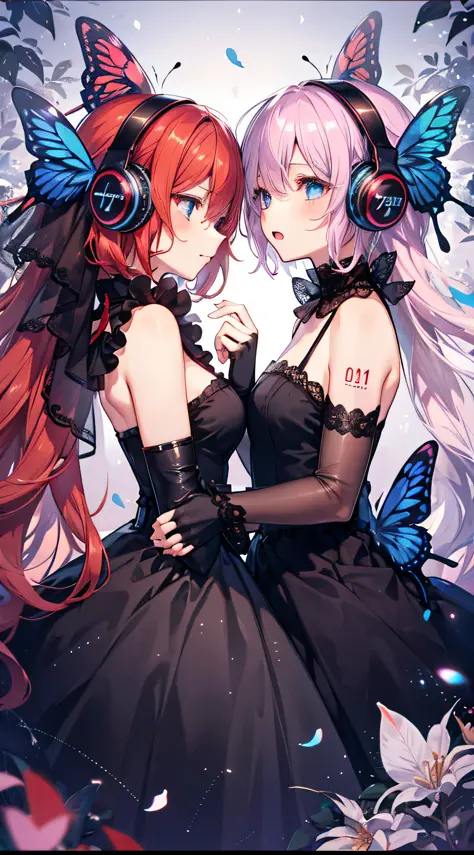 magnetvocaloid,butterfly wings headphones, 
multiple girls, 2girls, yuri,fingerless gloves, 
 red hair,black veil,funeral dress,...