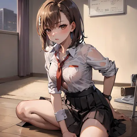 master masterpiece, The Highest Quality, misaka_mikoto, BROWN EYES, watch the viewer, solo、, short_haired、, closed_mouthed, lapel_shirt、, olhando_Inserting a into the_Viewer, school_uniform, Camisa, blanc、_shirt、, small_Boobs、, Classrooms　Misaka Mikoto's s...
