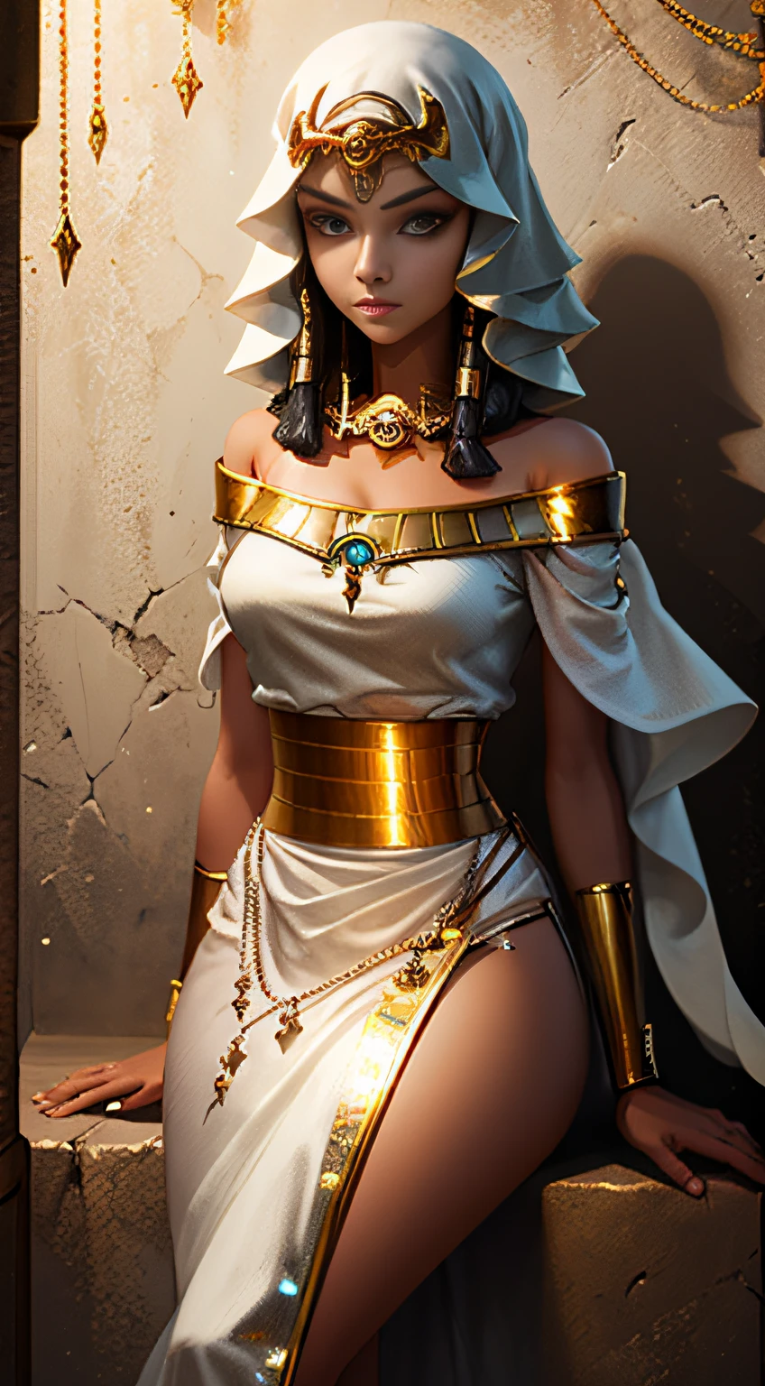 [（Egyptian lady），Portraits，Detailed and realistic，beatutiful face，Black Short Hair，solo，no headwear，Sitting inside an Egyptian dungeon，Crossed Legs，（eye makeup：1.2），（gold jewelry：1.3），（sexy lips），（mysterious expression），Shadow and light contrast，Neutral background：0.5，Elegant and detailed clothing：The last dynasty）]：0。7