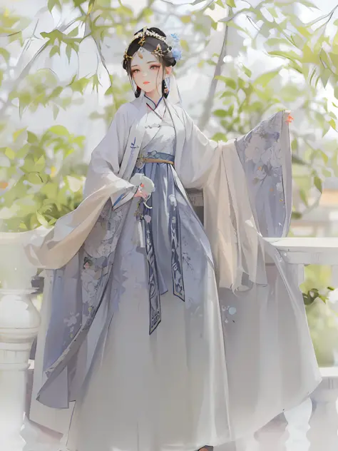 a woman in a gray dress and a white shawl is posing, ）Hanfu, white Hanfu, traditional Chinese clothes, wearing ancient chinese c...