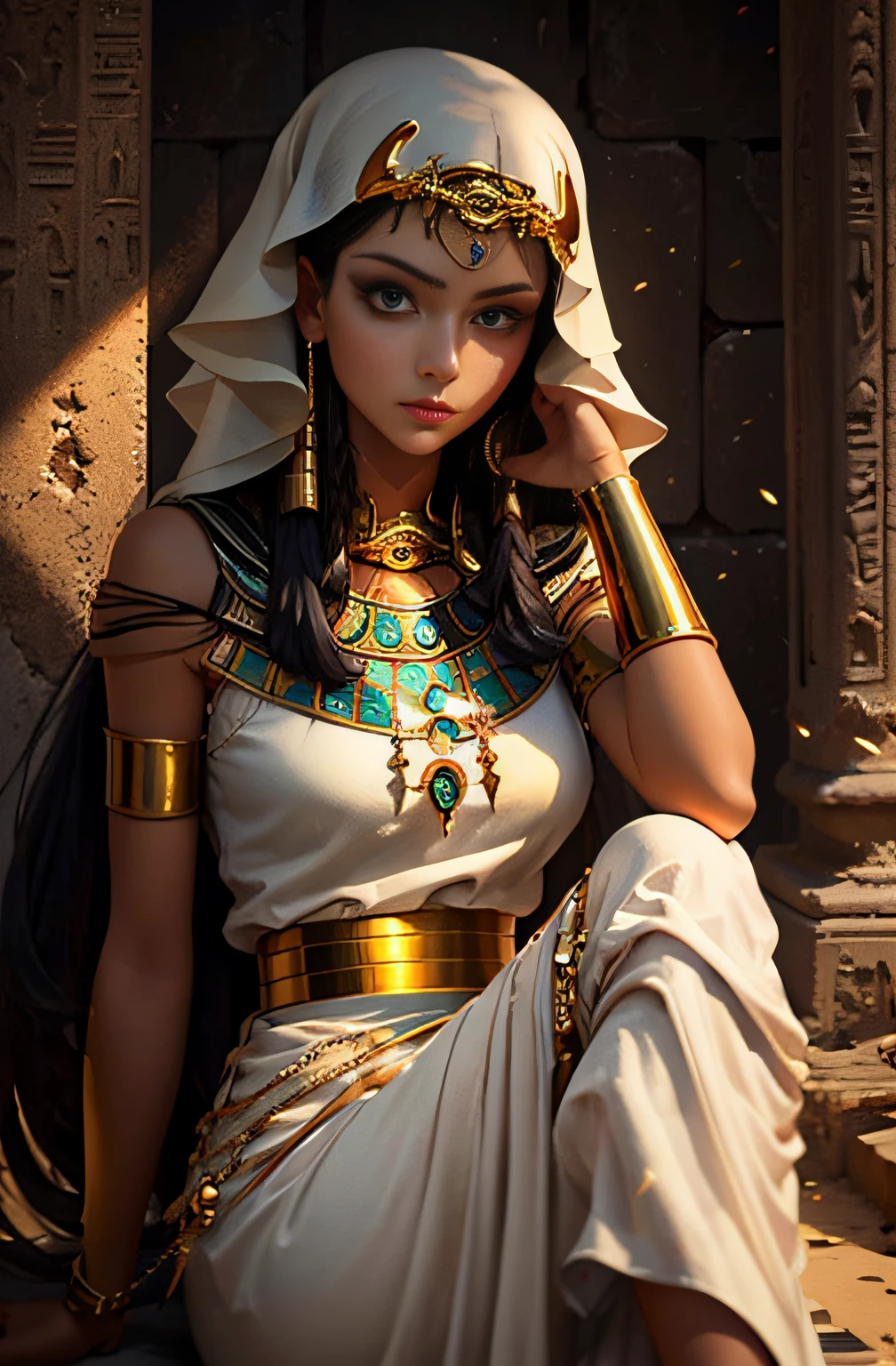 [（Egyptian lady），Portraits，Detailed and realistic，beatutiful face，Qi bangs，Beautiful short black shoulder-long haired，Sitting inside an Egyptian dungeon，Crossed Legs，（eye makeup：1.2），（gold jewelry：1.3），（sexy lips），（mysterious expression），Shadow and light contrast，Neutral background：0.5，Elegant and detailed clothing：The last dynasty）]：0。7