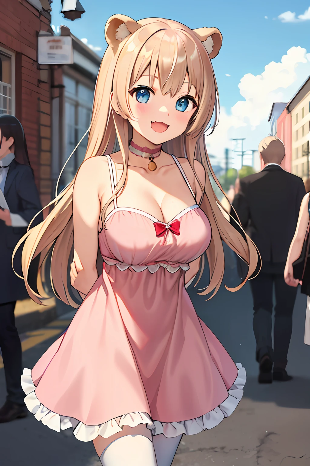 (leaning over:1.4), (masterpiece:1.2, best quality), (real picture, intricate details), 1girl, solo, absurdres, cowboy shot, standing, outdoors, :3, smile, bear girl, bear ears, ((light pink dress)), frills, very detailed dress, white thighhighs, platinum blonde hair, gray blue eyes, long hair, ((red strawberry choker)), smile, open mouth, one fang, large breasts, cleavage, sleeveless dress, arms behind back,