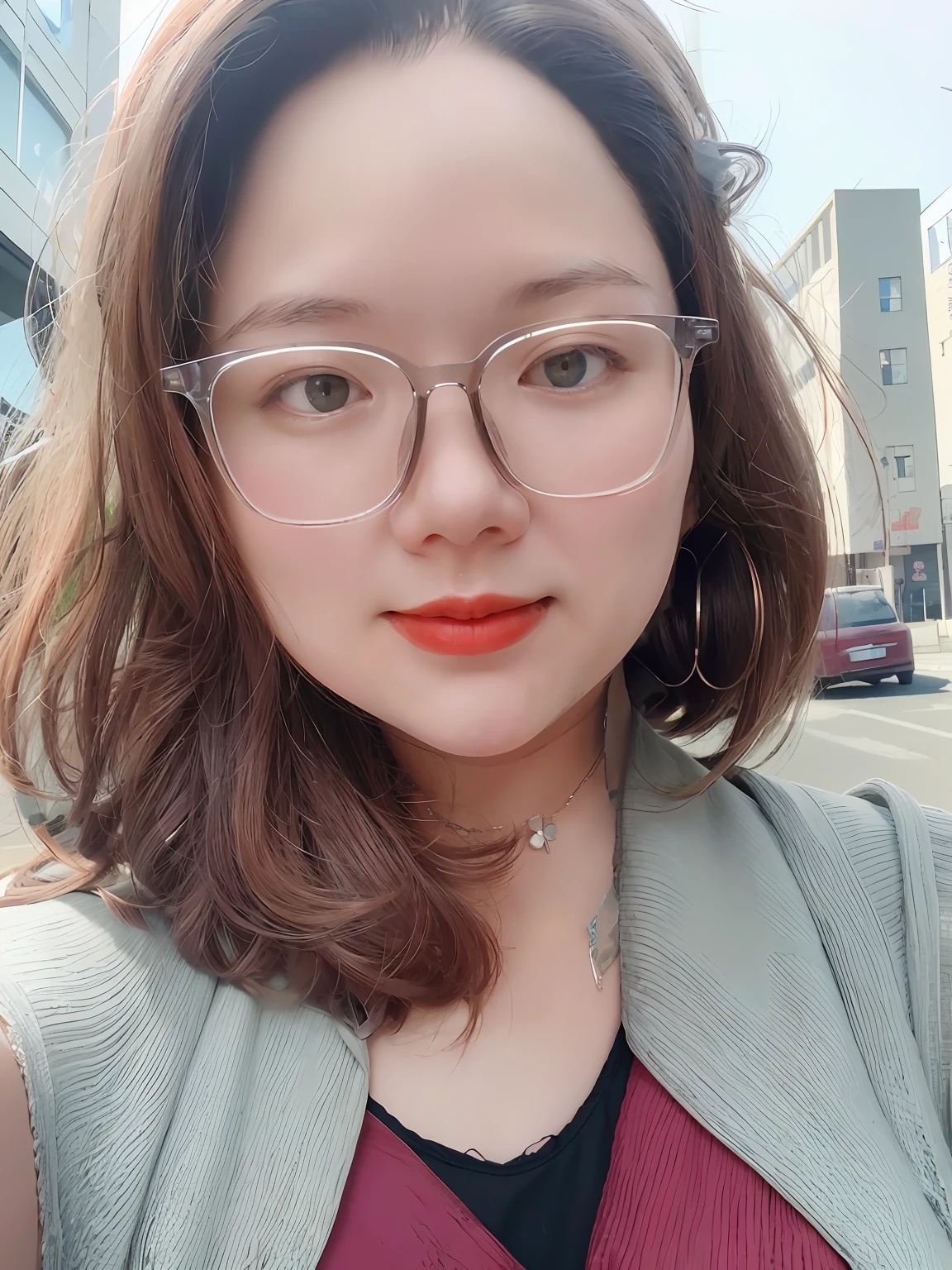 A close up of a woman wearing glasses and a red top - SeaArt AI