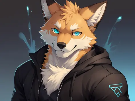 Furries，Yellow-brown fox，cyan eyes，solo，（（winkc））），simple Backgrounds，ink splash。 DETAILED EYES，super meticulous，Fine fur texture，CG。Bust portrait。 （outfits）