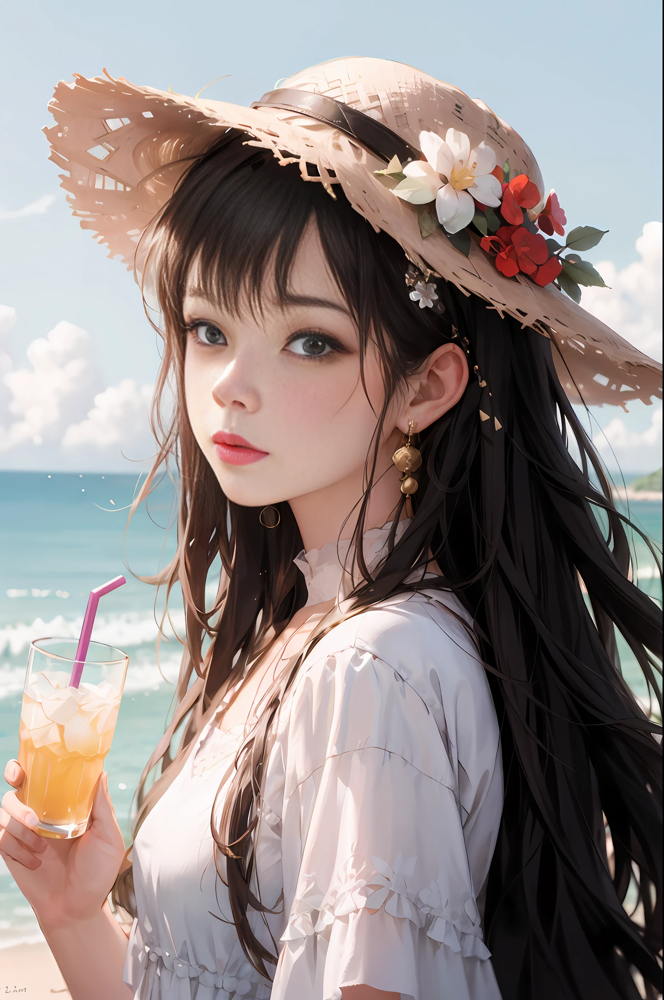 (Masterpiece), (Best Quality), Unity 8K wallpaper, ultra detailed, (Fractal Art: 1.2),
1 Girl, standing in front of the beach, white dress, hat, summer wear, drinks, artistic style, romantic fantasy, white and blue, Xu Beihong, elegant, looking at the audience, straws, hairpins, earrings, flowers, bangs, colorful hair, long hair, portraits,