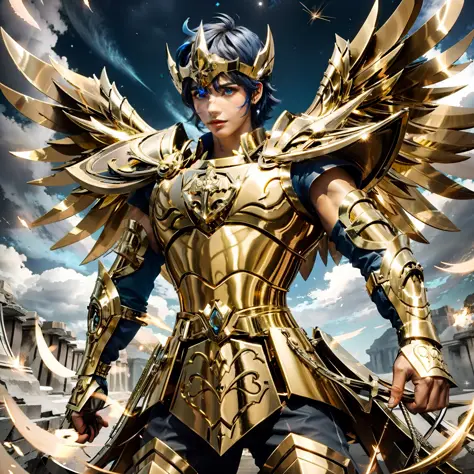 SagittariusArmor, armaduras de ouro, um jovem, armadura, cabelo castanhho, olhos azul, asas longas de ouro, dramatic sky, olhand...