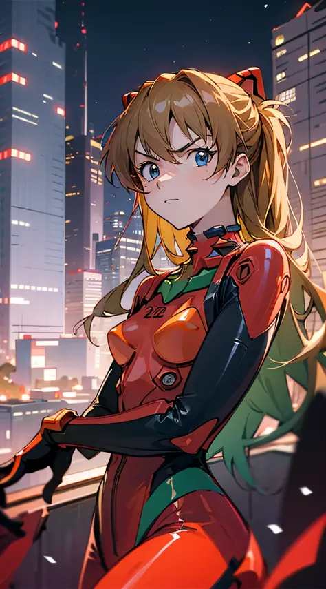 Asuka,1 girl,Driving suits，city ruins，City rooftop side，Twilight，depth offield，yama，Dusk light，yun，8k，Best quality，proud express...