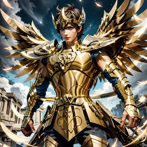 SagittariusArmor, armaduras de ouro, um jovem, armadura, cabelo castanhho, olhos azul, asas longas de ouro, dramatic sky, olhand...