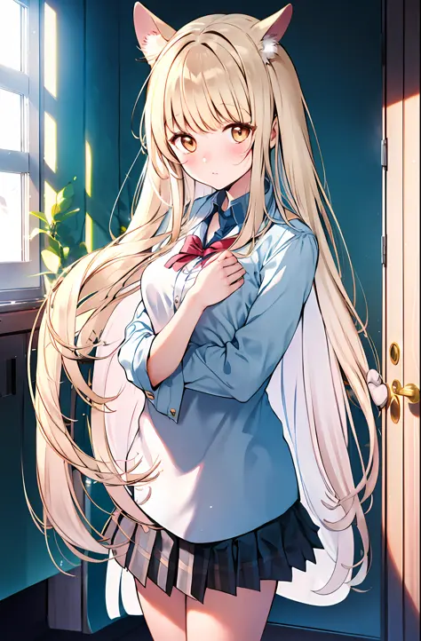Anime girl with white hair and bunny ears, shy blush, school uniform, high contrast, soft light