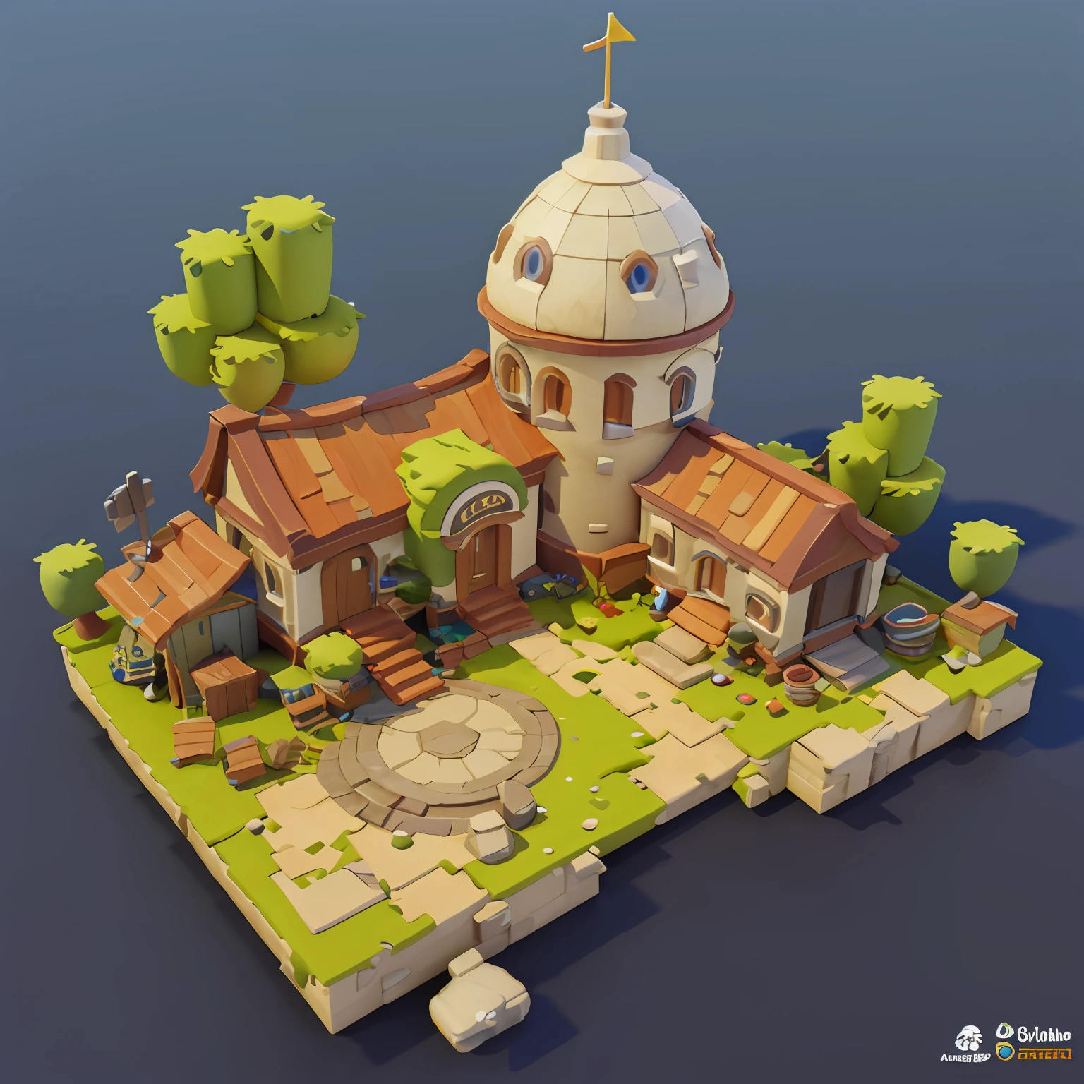 Game architectural design, cartoon, house, trees, casual game style, 3d, blender, closeup, masterpiece, super detail, best quality