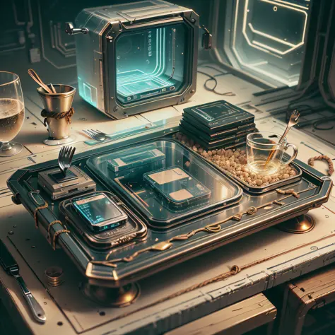 utensils lie on a futuristic little stand on a technical table in cyberpunk style. ((small devices scan them)). on the table lie...