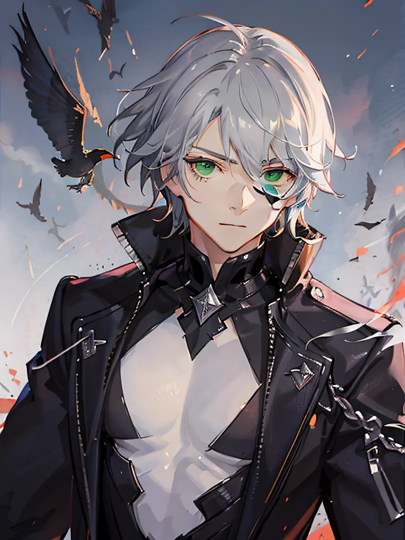 a man, pretty good shape, tall, pale skin, short hair, light brown hair, green eyes, crow mask on head, wearing white gloves, se...