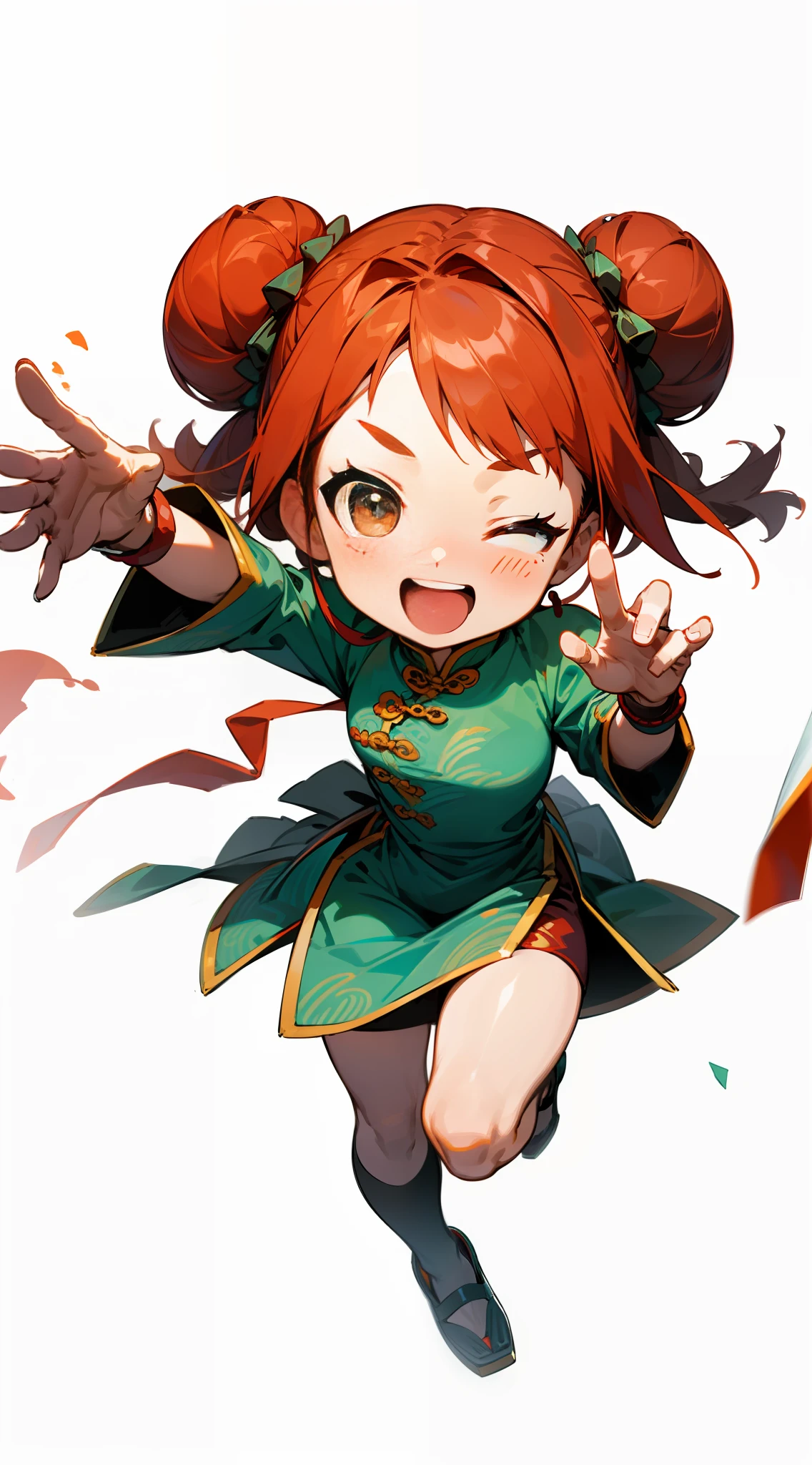 master masterpiece）），（（（（best best quality））），Q version，Anime ，cute  character，1 girl，the whole body，Accurate structure， Big head， Physical  integrity，Bare body，red tinted hair，hair buns， with big eyes ， happopen  mouth，Happy ...