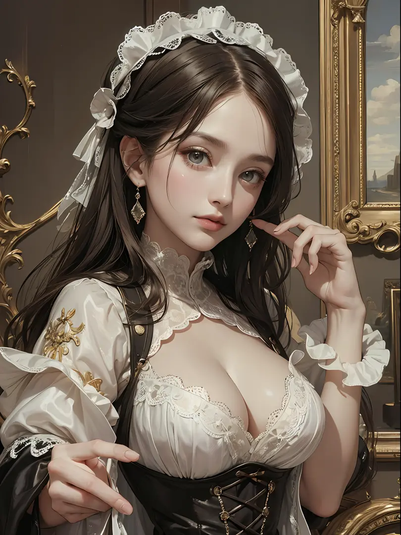 (Pure Color: 0.9), (Color: 1.1), (Masterpiece: 1,2), Top Quality, Masterpiece, High Resolution, Original, Highly Detailed Wallpaper, Beauty, Victorian, Dress, Melancholy, Big Breasts, Sepia Color, 40 years old --auto --s2