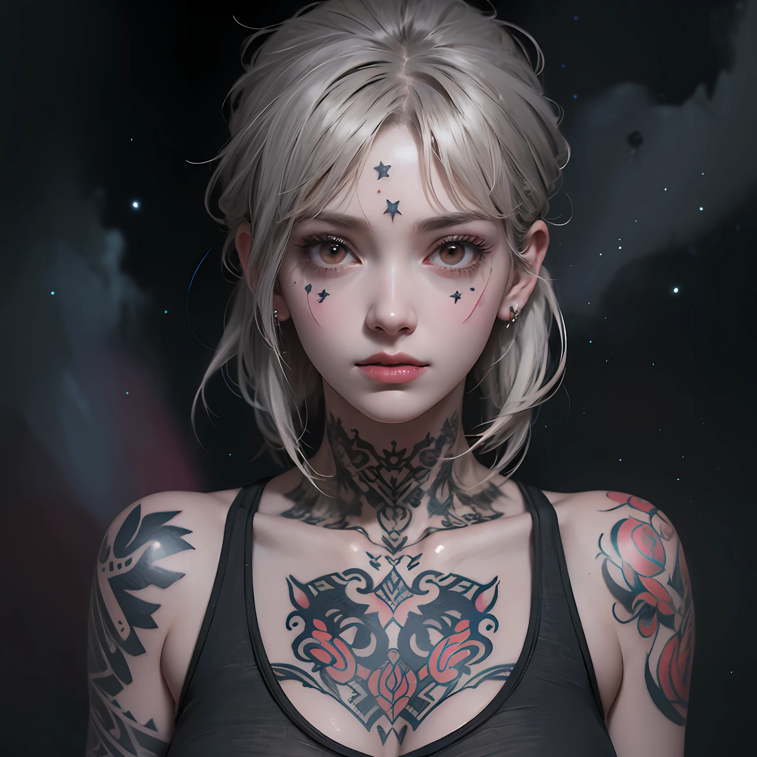 nightcity, Neon, Perfect starry sky, bsh, High Details, High Details, Super detail, Ultra-fine detailed paintings, (a one woman),８k,(slouch:1.4)、A lot of piercings in the ears、A lot of piercings on the face、body piercing、Tattoos on the face、、Tattoos around the eyes、Gray Hair, (slouch:1.3)、tank top,, Chest opened、big Eyes, (long eyelash:1.3), (very long eyelashes), Ethnic tattoos, (Tattoos covering the whole body), (A lot of tattoos), tattoos on chest, Tattoo on the arm, finger tattoo、(Tattoos all over the chest)、Beautiful features、Neutral facial features、(ple short hair)、beksinski、Artem Demla、