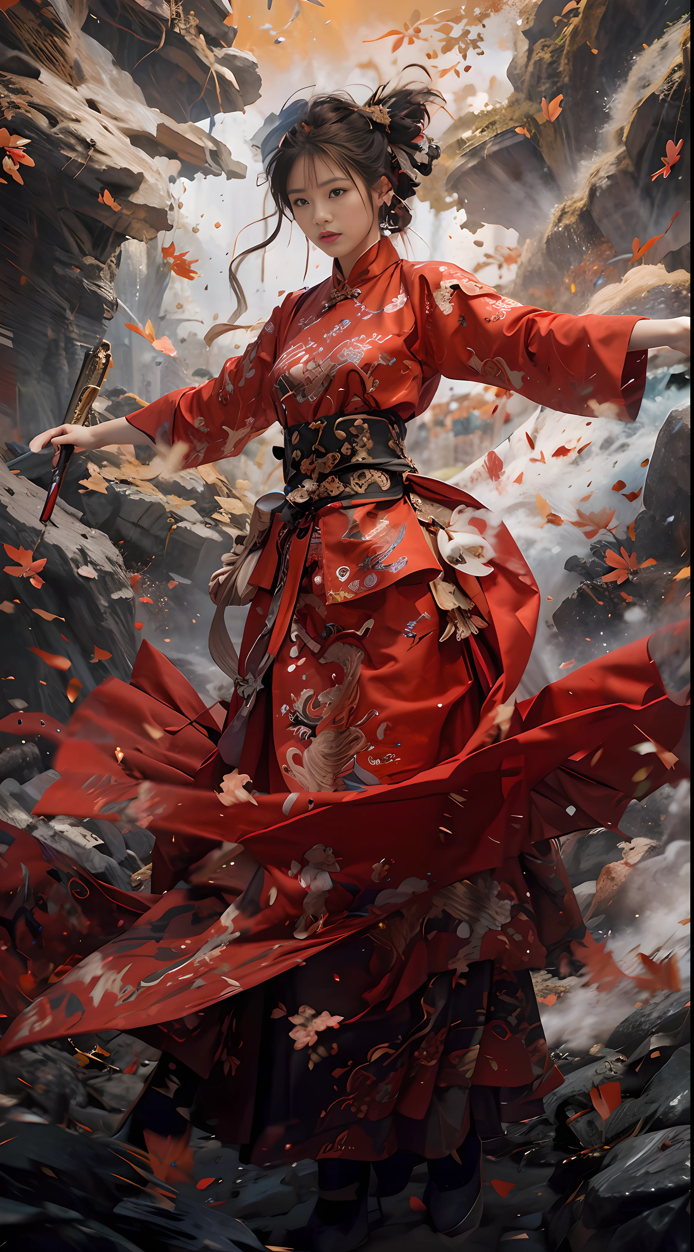 raw photo, best quality, masterpiece, ultra high res, (photorealistic:1.4), Anime a poster, 1hand holding a big long knife, two hands, wear kungfu master cloth, wave, chinese traditional ink style, Maiden Dragon Slayer, main color is red and white and black ink, dynamic movement, dynamic pose, movement, full body::1 Amazing Vector in oil painting environmental art cinematic, diorama, intricate detail, solo, dress, floating_hair