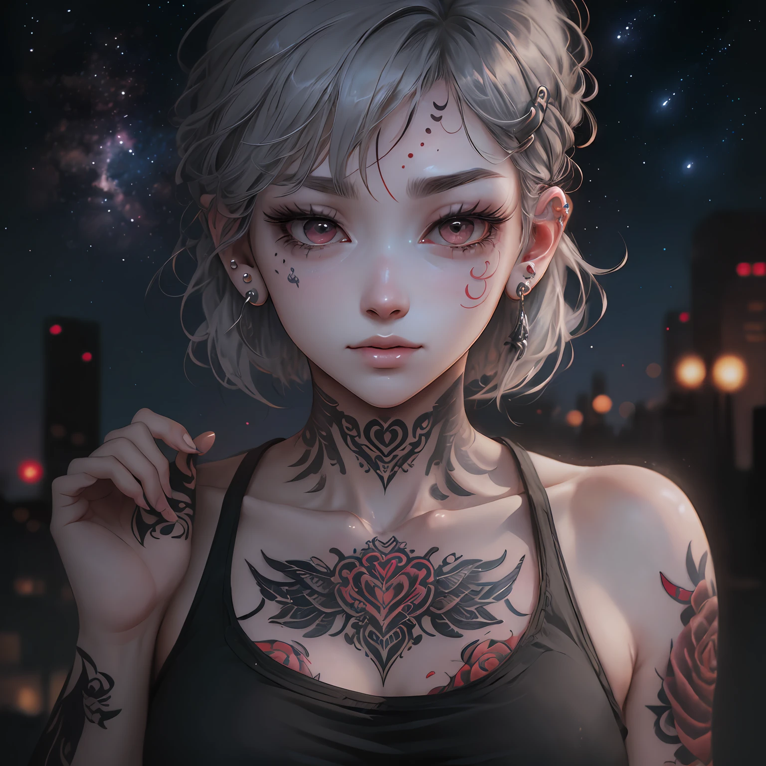 nightcity, Neon, Perfect starry sky, bsh, High Details, High Details, Super detail, Ultra-fine detailed paintings, (a one woman),８k,(slouch:1.4)、A lot of piercings in the ears、A lot of piercings on the face、body piercing、Tattoos on the face、、Tattoos around the eyes、Gray Hair, (slouch:1.3)、tank top,,,, Chest opened、big Eyes, (long eyelash:1.3), (very long eyelashes), Ethnic tattoos, (Tattoos covering the whole body), (A lot of tattoos), tattoos on chest, Tattoo on the arm, finger tattoo、(Tattoos all over the chest)、Beautiful features、Neutral facial features、(ple short hair)、beksinski、Artem Demla、