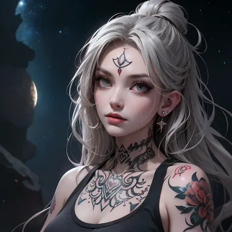 nightcity, Neon, Perfect starry sky, OC, High Details, High Details, Super detail, Ultra-fine detailed paintings, (a one woman),８k,(slouch:1.4)、A lot of piercings in the ears、A lot of piercings on the face、body piercing、Tattoos on the face、、Tattoos around ...