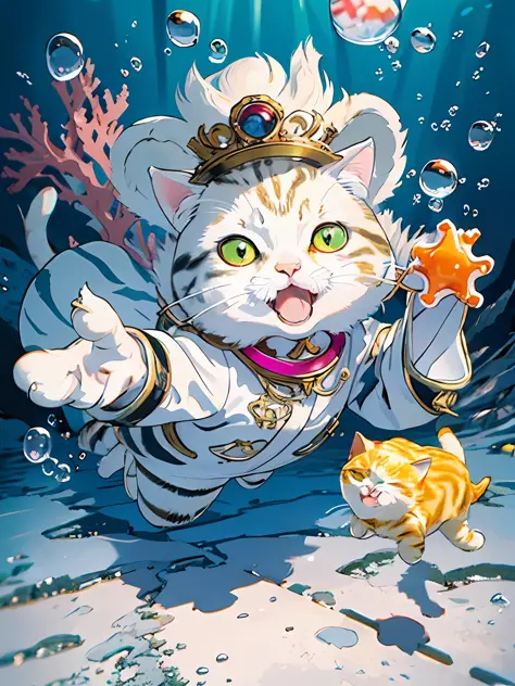 cat, MG mao,
Exquisite visuals, high-definition, masterpieces, (negative space),
no humans, animal focus, solo, full body, from above, underwater, submerged,
white (Tabby cat:1.6), whiskers, smile, (looking at viewer, open mouth:1.3), jewelry, seafloor, (b...