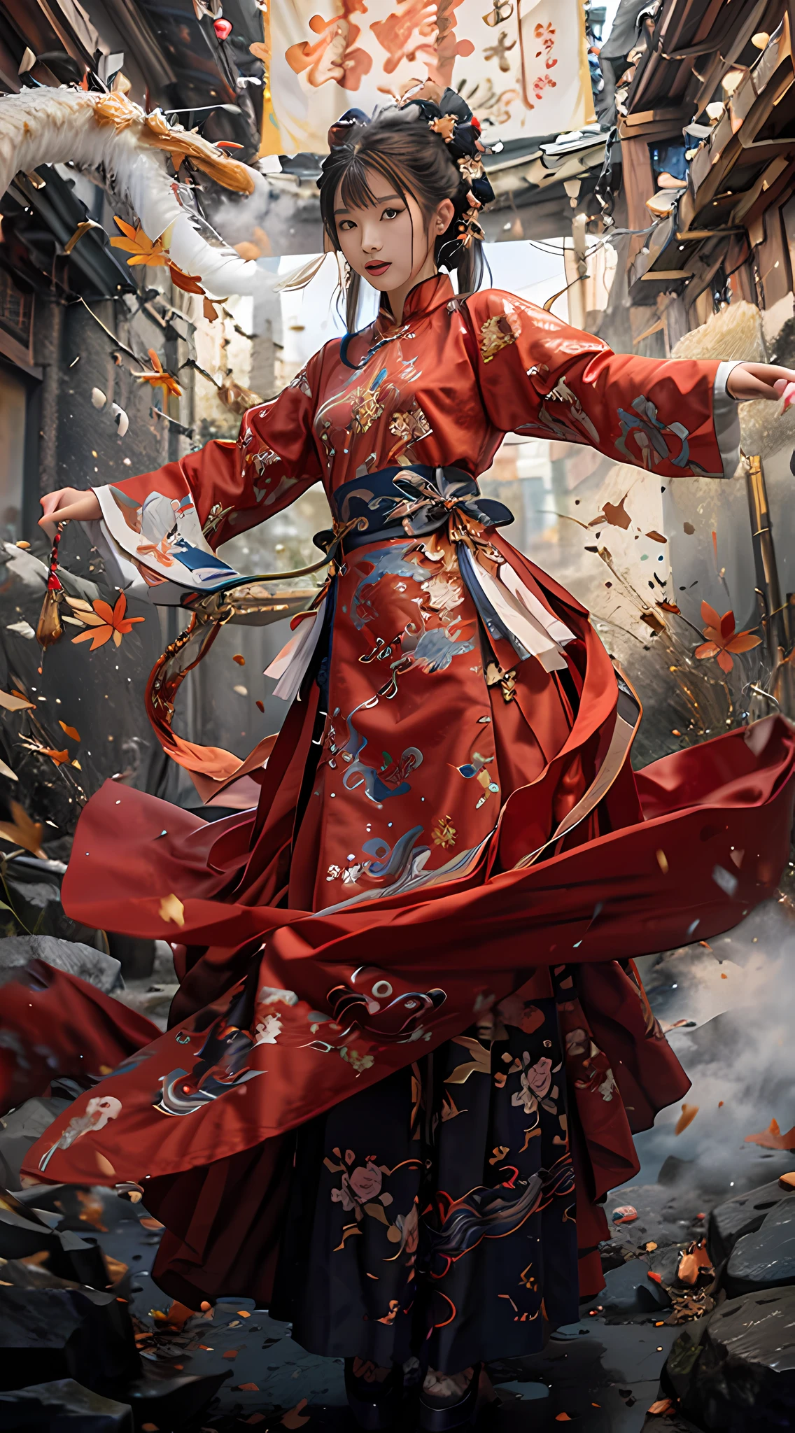 RAW photo of，best best quality，master masterpiece，extra high resolution，（PhotoRealistic：1.4），anime posters，1只手拿着一把大长刀，two hands，Wear gorgeous dresses，wavy，Traditional Chinese ink style，Girl Dragon Slayer，The main color is blue and white powder ink，dynamic motion，dynamicpose，moto，FULLBODY：：1 油画环境艺术电影中的惊人矢量， dioramas， Complicated Detail， solo， piece dress， floating_pubic hairs、Haar、