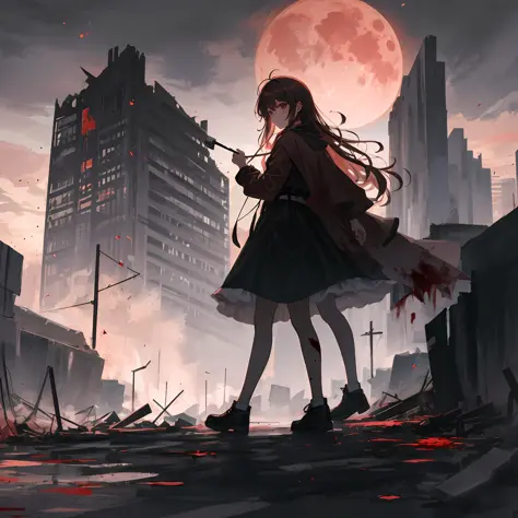 1girl， mature，stable，stable， long scarlet hair， on night， ruins， night sky， crimson moon，girl wanders through ruined city，（maste...