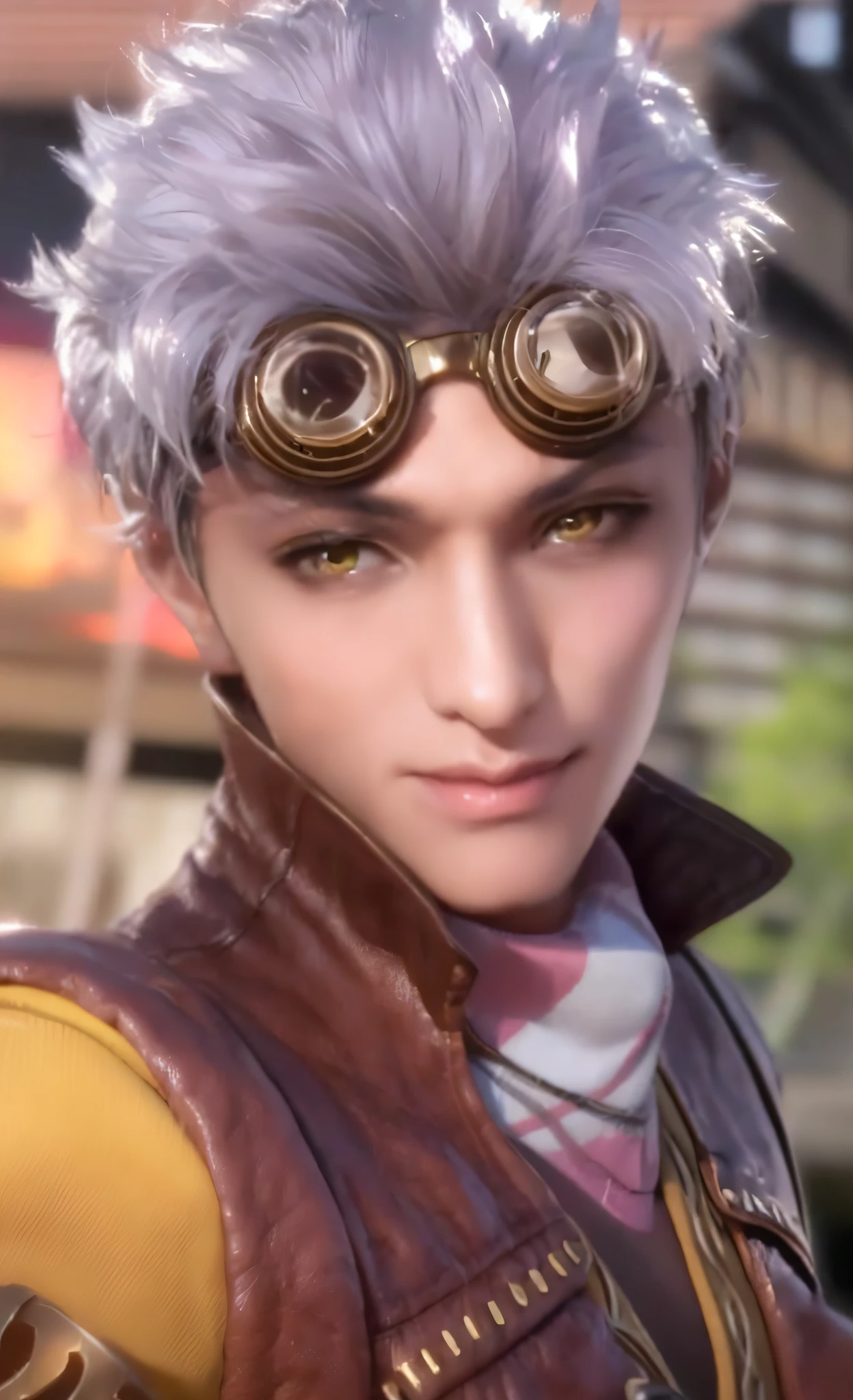 a close up of a person wearing a leather jacket and goggles, akihiko yoshida. UNREAL ENGINE, character close up, character close-up, Sherkred Waters, portrait of thancred, As《iron fist》role, Sakimichan, close up character, monkey king, thancred waters in style of wlop，（（handsome face）），（（Exquisite Facial Features）），