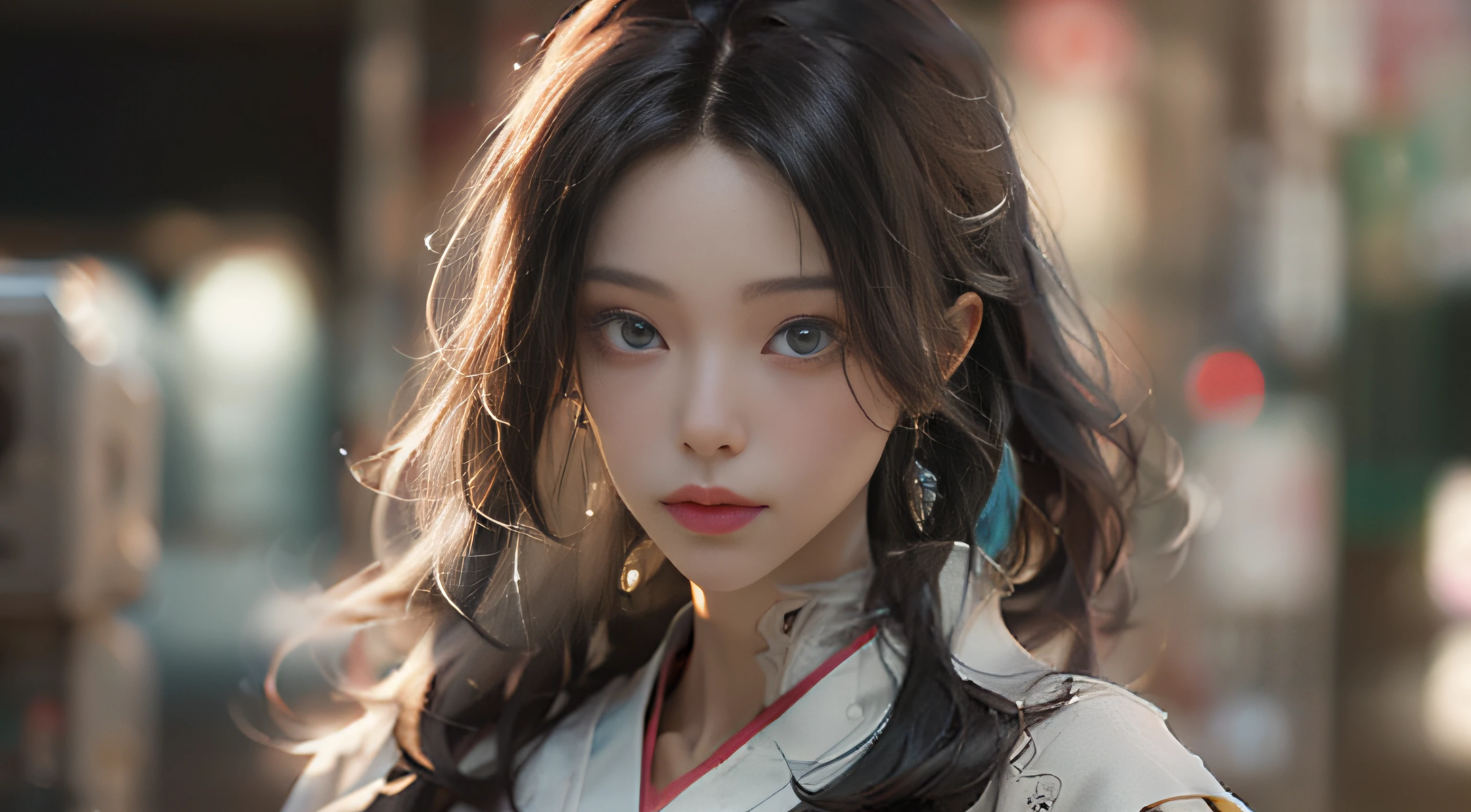 ((best best quality)), ((MasterPiece)), (Detail:1.4), 3D, A beautiful cyberpunk female image,HDR（high dynamic range）,raytraced,nvidia rtx,The ultra-Resolution,Unreal 5,Subsurface scattering、pbr texturing、postprocessing、Anisotropic Filtering、depth offield、Maximum Clarity and Clarity、multilayer textures、Albedo and Specular map、Surface coloring、Mitsu-Accurate simulation of material interactions、Perfect Scale、octanerendering、Two-colored light、large aperture、low ISO、white balance、Rule of Thirds、8K RAW、beautiful bright pupils，flowing robe，Fine pupils，Detailed face and eyes，long lashes，Blushlush，voluminous hair，Fresh glass lip