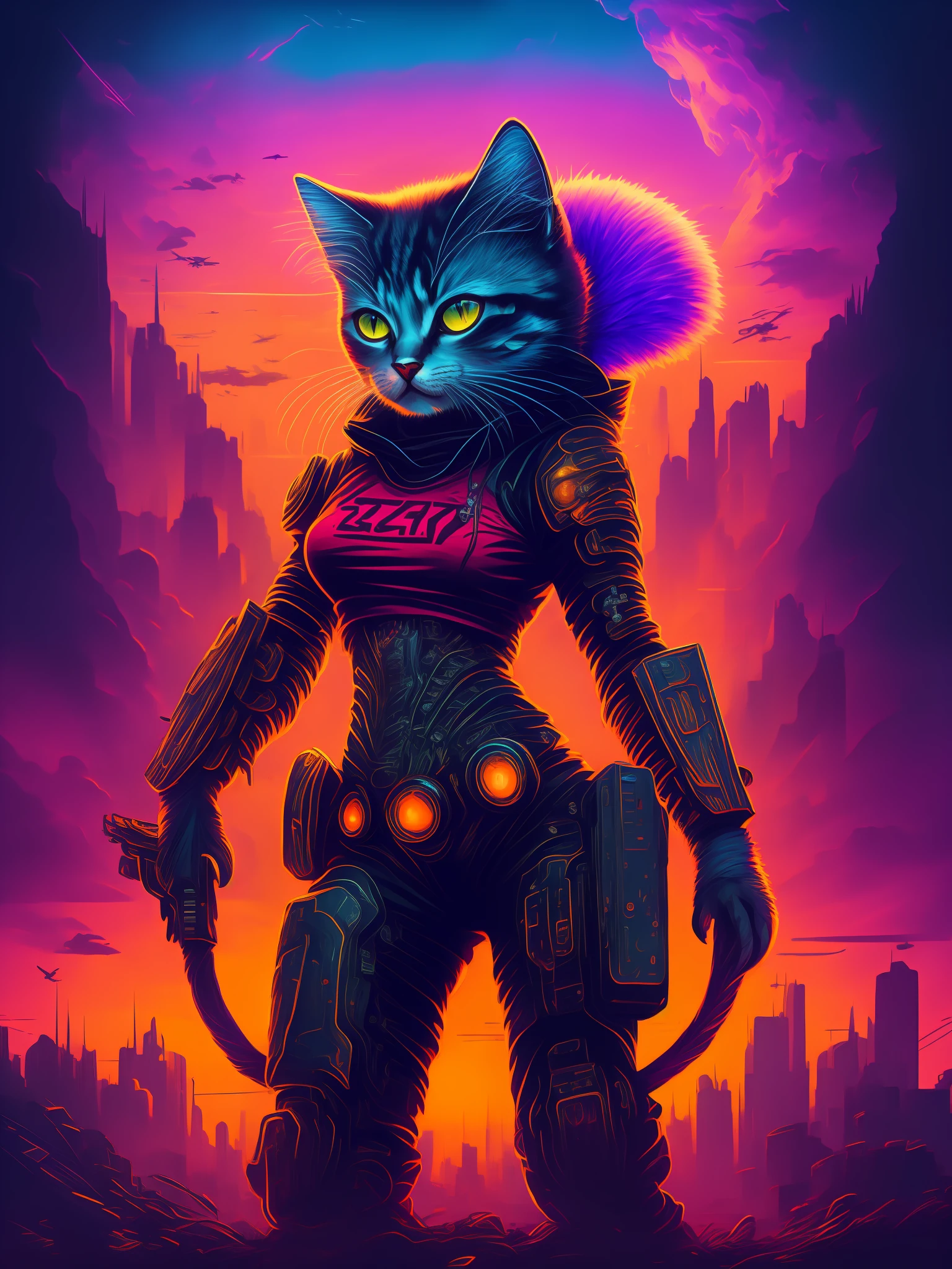 "metal cyborg kitten with intricate details, showcasing a cyberpunk style, in a cinematic shot with HDR and hyperdetailed elements, creating a captivating vignette."