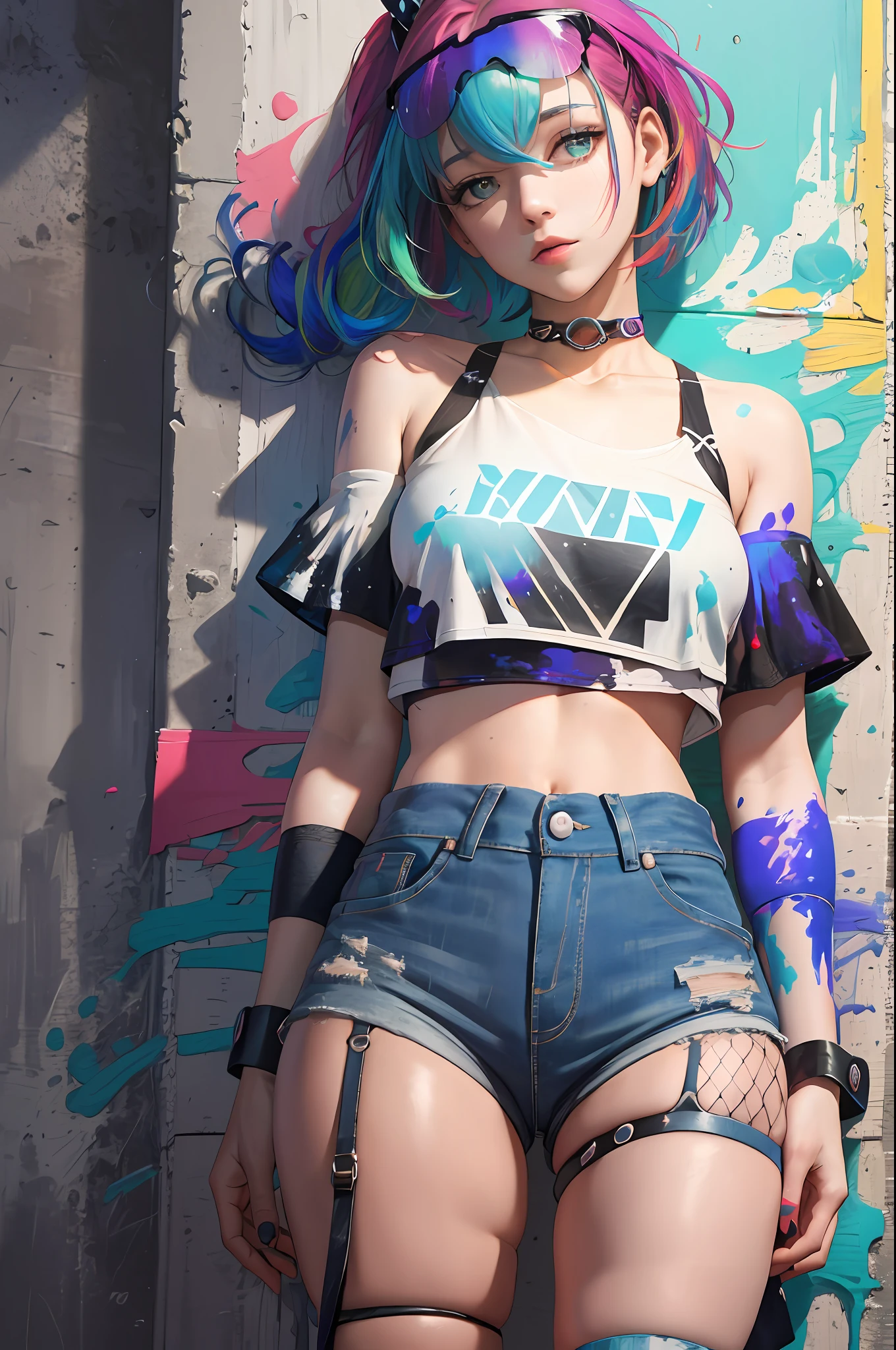 MasterPiece， the best quality t，PhotoRealistic， 1 Girl， 独奏， crop tops， denim shorts pants， Choker， （Graffiti：1.5）， Paint Splash， Behind the arm， Against the Wall， looking at the viewers， Armlet， thigh straps， Paint on the body， Head Tilt， bored， Multicolored hair， Aqua eyes