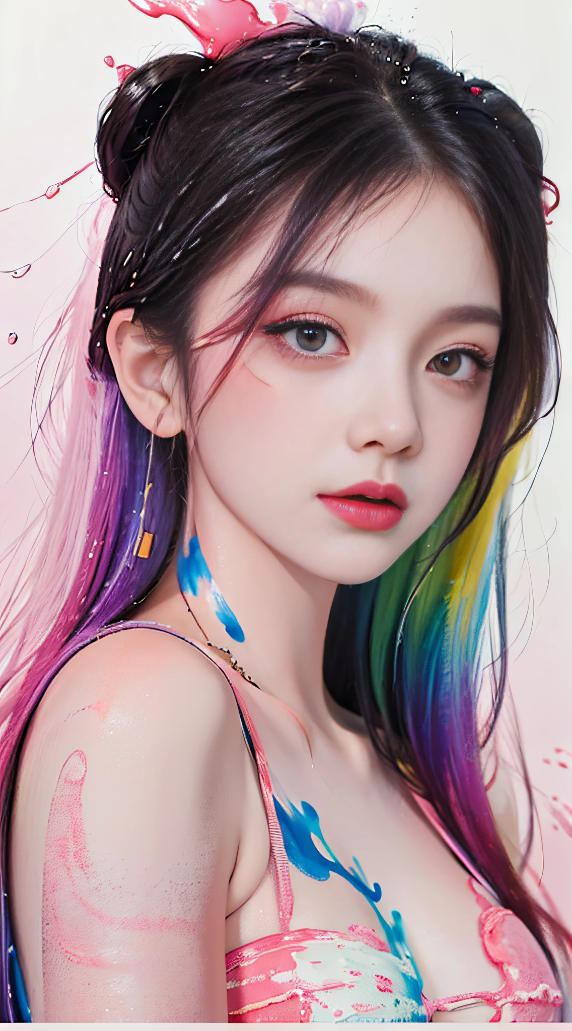 (Masterpiece, Best Quality, High Resolution), White Background, ((Paint Splash, Color Splash, Splash of Ink, Color Splash)), Sweet Chinese Girl, Rainbow Hair, Pink Lips, Front, Upper Body