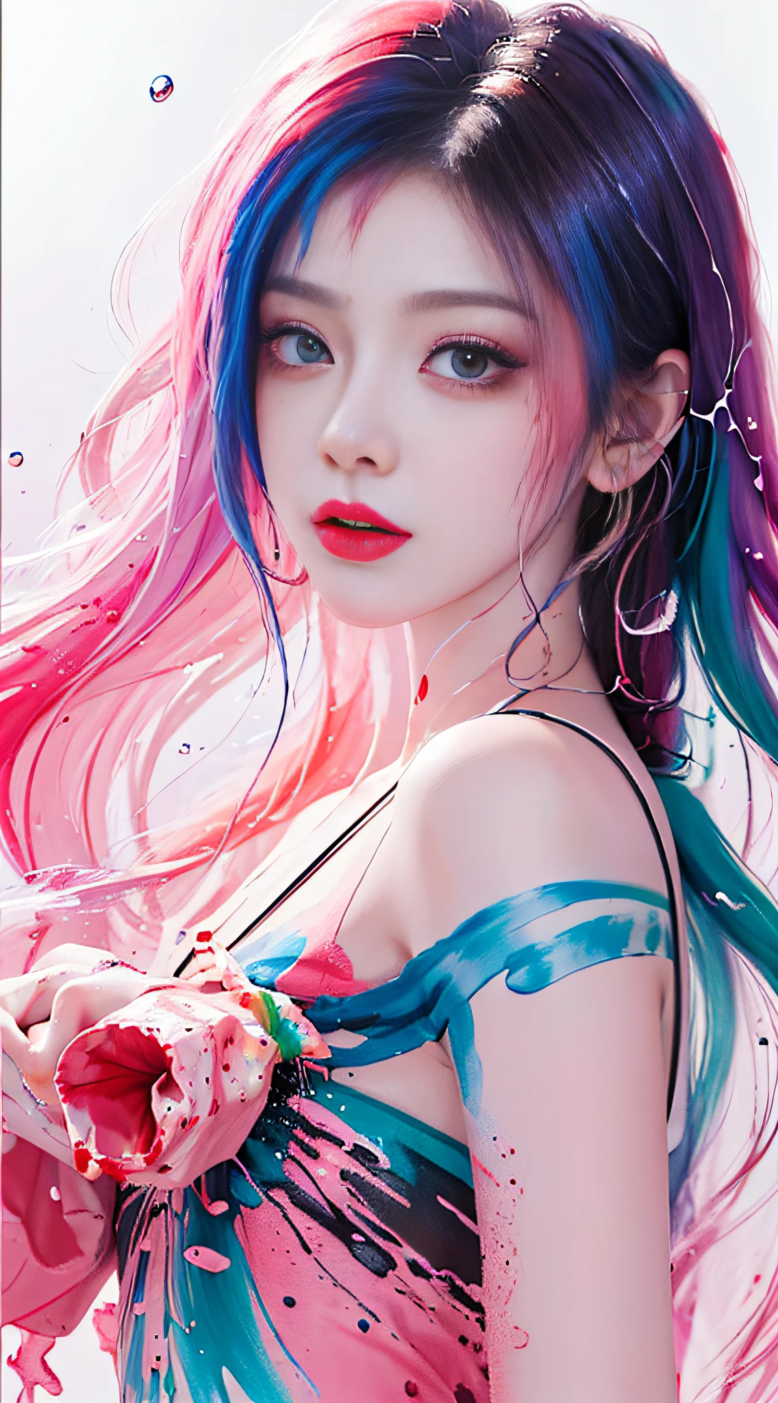 (Masterpiece, Best Quality, High Resolution), White Background, ((Paint Splash, Color Splash, Splash of Ink, Color Splash)), Sweet Chinese Girl, Rainbow Hair, Pink Lips, Front, Upper Body