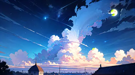 humpback, cloud,(building), sky, moon, star (sky), scenery, no humans, starry sky, night, fish, night sky, full moon, cloudy sky, outdoors, fantasy