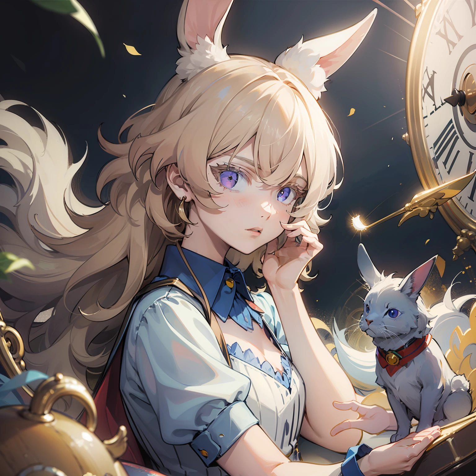 anime girl with rabbit and clock in her hands, kawacy, like alice in wonderland, alice from alice in wonder land, splash art anime loli, Guweiz in Pixiv ArtStation, portrait of alice in wonderland, alice in wonderland style, detailed digital anime art, trending on artstation pixiv, alice, the white rabbit, anime fantasy illustration,Depth of field 1：5，official arts， Unity 8k壁纸， ultra Detailed， Beautiful and beautiful， MasterPiece， best best quality， （Dynamic Angle：1.4），Romantic depth of field exotic_Dance，，PerfectNwsjMajic，（MasterPiece，topquality，best best quality，official arts，Beauty and aesthetics：1.2），extremedetailed，COLORFUL，highest details,，MasterPiece， the best quality t， Realistic ，