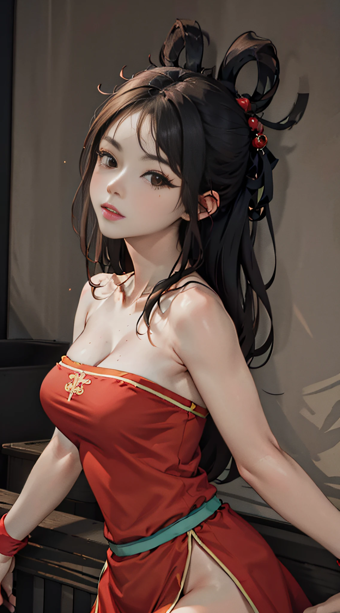 masterpiece, highres,beautiful face,(masterpiece, top quality, best quality, official art, beautiful and aesthetic:1.2), (1girl:1.3), (fractal art:1.3), solo, xiuhuaxie, bare shoulders, bare arms, black hair,  large breasts, red strapless  bellyband,strapless ,red wristband,(black eyes:1.3), collarbone,
 looking at viewer,